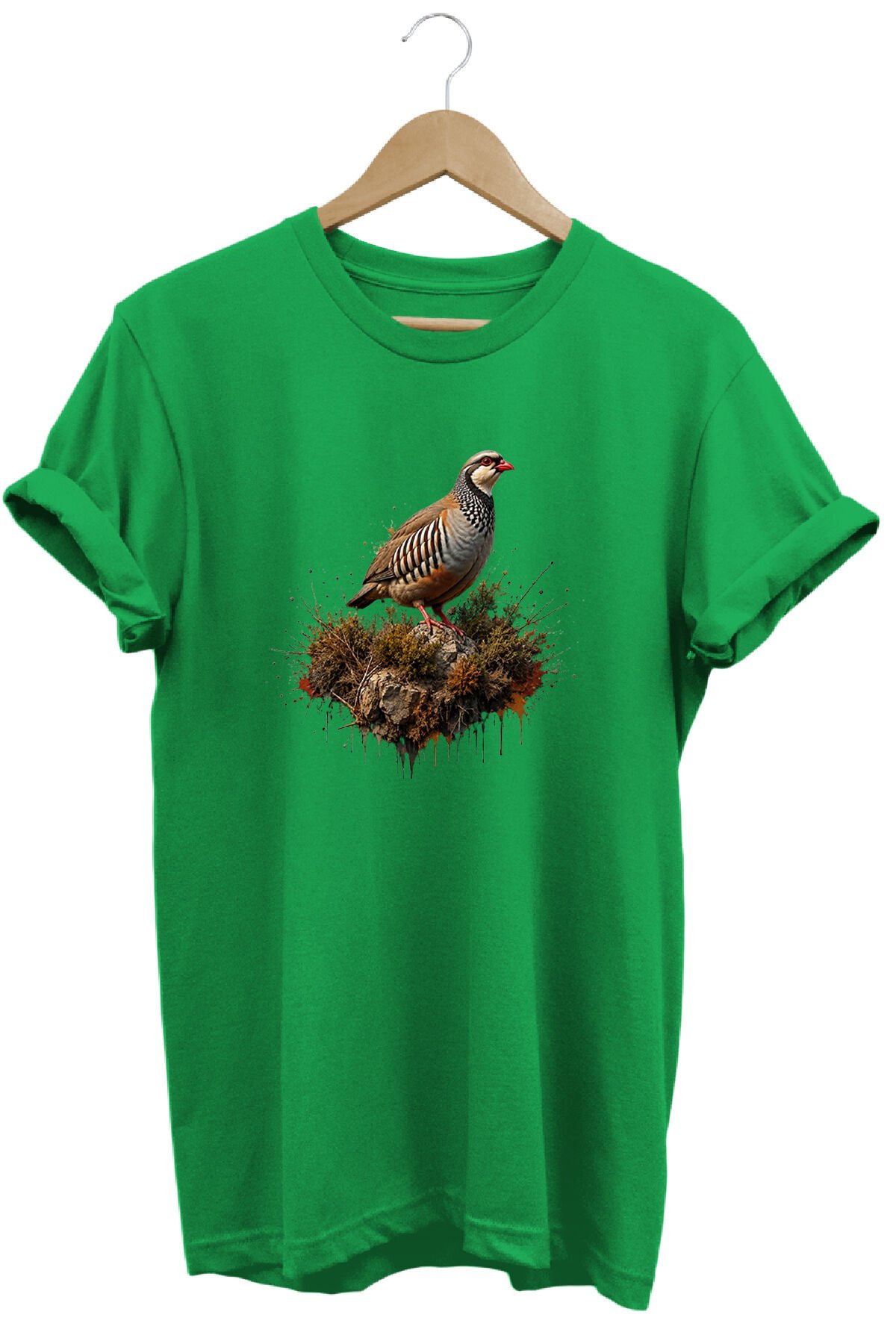 Keklik Kuşu Baskılı Arazi ve Doğa Tişörtü Outdoor Giyim Yeşil - 2XL