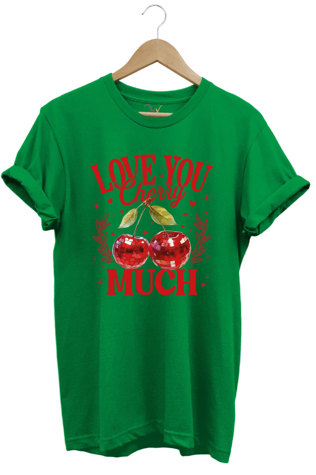 Love You Cherry Much Yazılı Kiraz Baskılı %100 Pamuk Unisex Regular Fit T-Shirt Yeşil - L