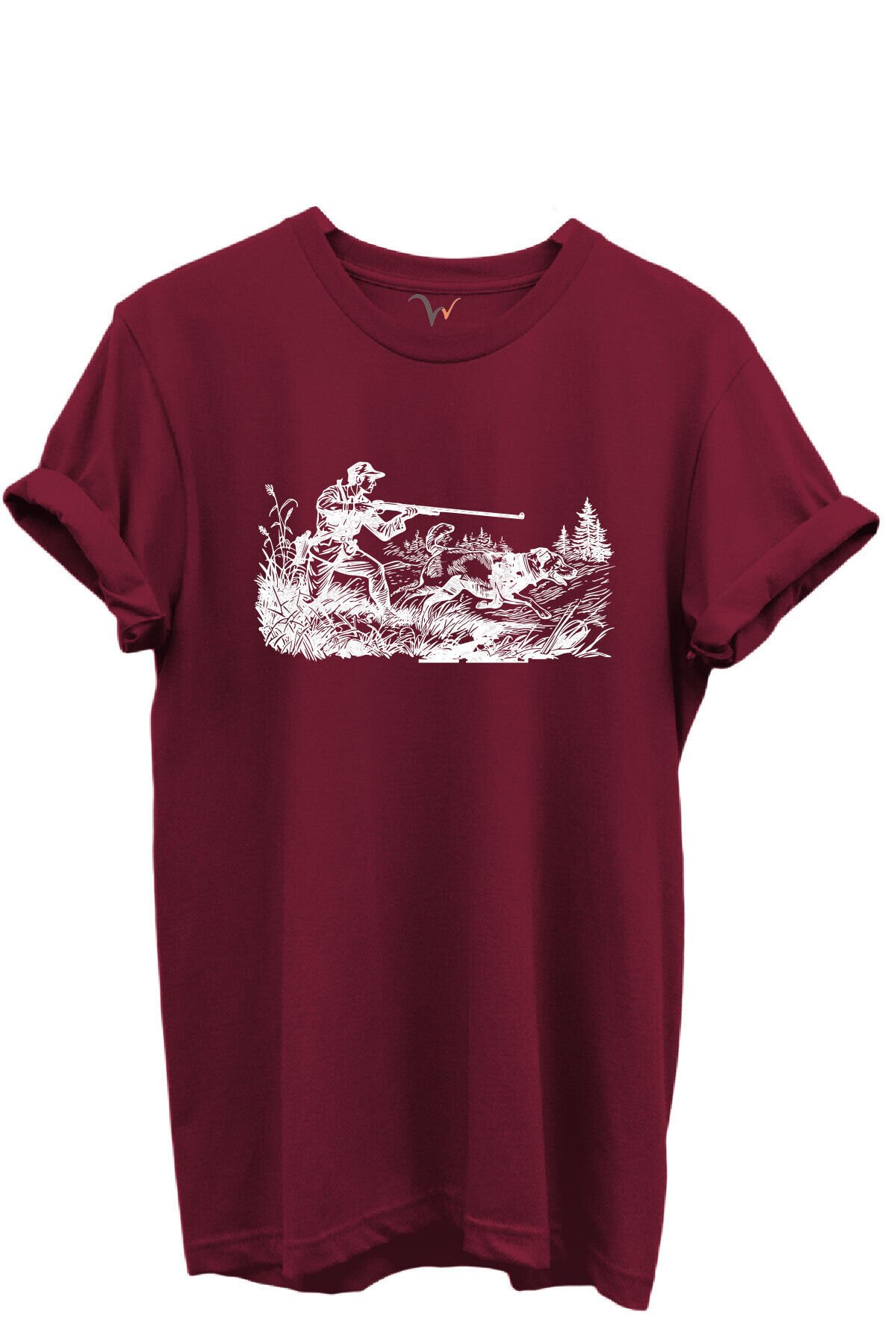 Outdoor Avcılık Avcı ve Av Köpekleri Desenli %100 Pamuk Regular Fit Bisiklet Yaka Unisex T-shirt Bordo - L