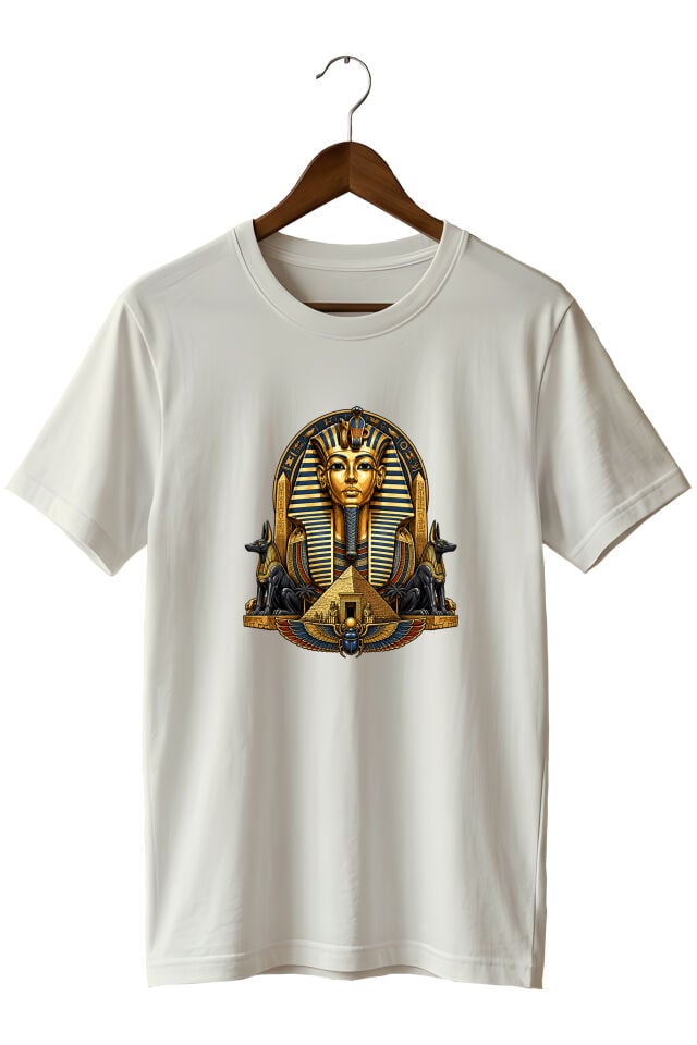 Antik Mısır Firavun ve Anubis Baskılı Unisex Tişört – Piramit ve Mitoloji Tasarımı