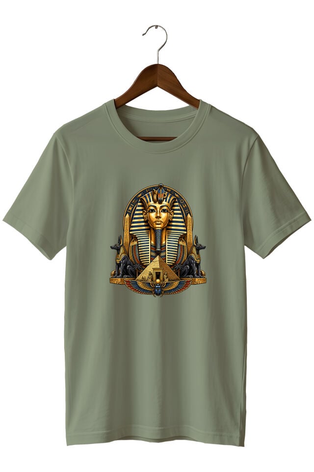 Antik Mısır Firavun ve Anubis Baskılı Unisex Tişört – Piramit ve Mitoloji Tasarımı