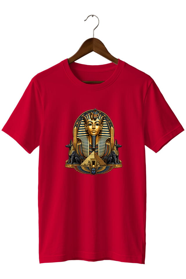 Antik Mısır Firavun ve Anubis Baskılı Unisex Tişört – Piramit ve Mitoloji Tasarımı