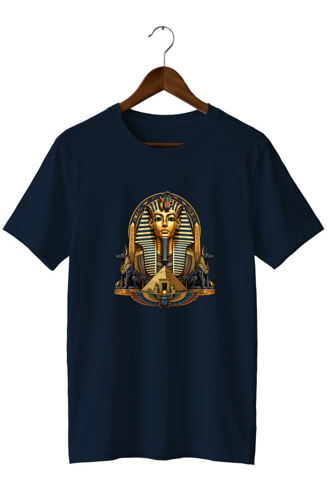 Antik Mısır Firavun ve Anubis Baskılı Unisex Tişört – Piramit ve Mitoloji Tasarımı
