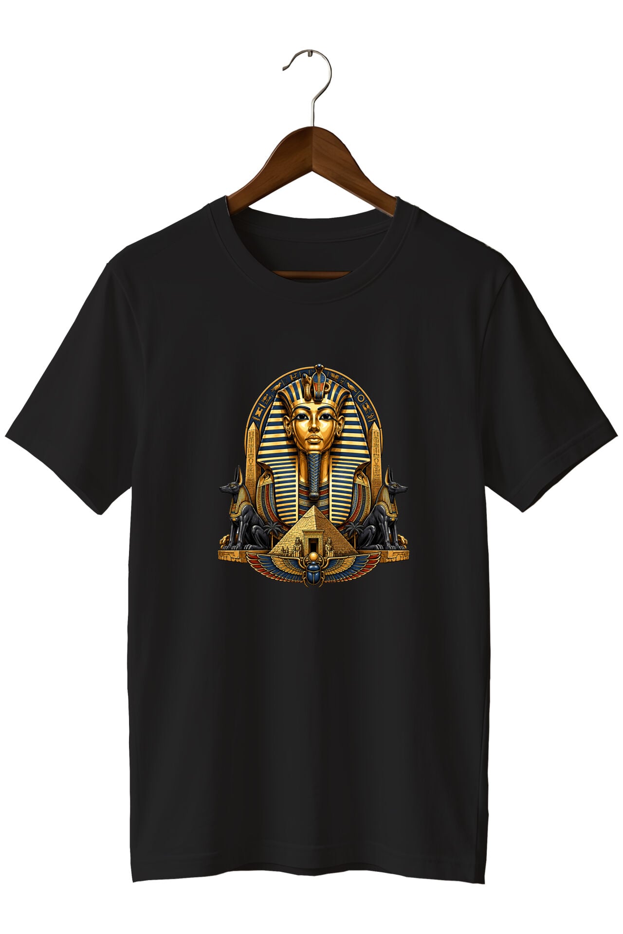 Antik Mısır Firavun ve Anubis Baskılı Unisex Tişört – Piramit ve Mitoloji Tasarımı