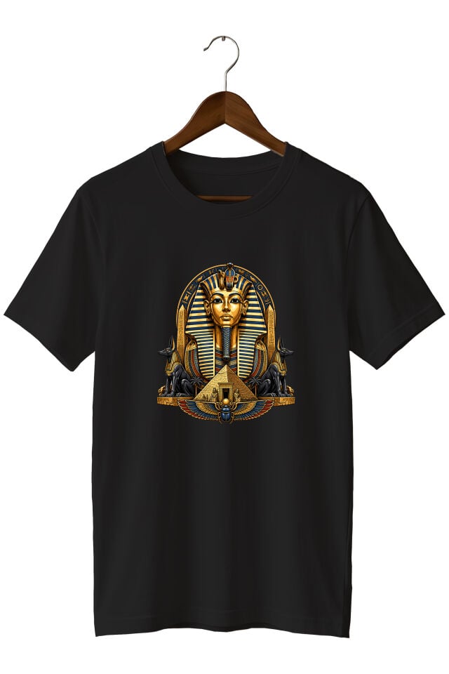 Antik Mısır Firavun ve Anubis Baskılı Unisex Tişört – Piramit ve Mitoloji Tasarımı