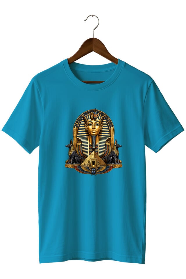 Antik Mısır Firavun ve Anubis Baskılı Unisex Tişört – Piramit ve Mitoloji Tasarımı