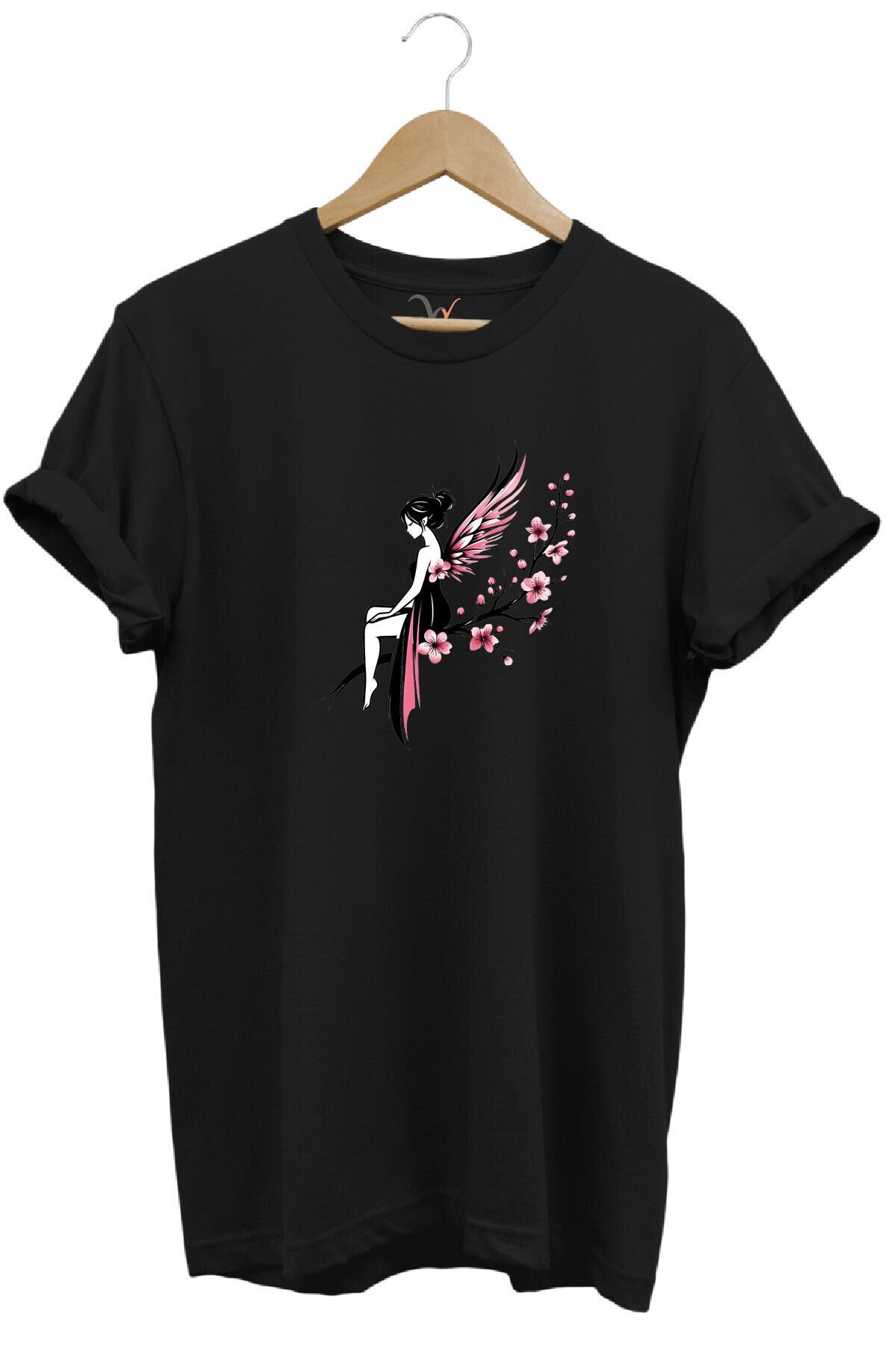 Peri Kızı Baskılı Şık Tatlı %100 Pamuk Regular Fit Bisiklet Yaka Turuncu T-shirt Siyah - M