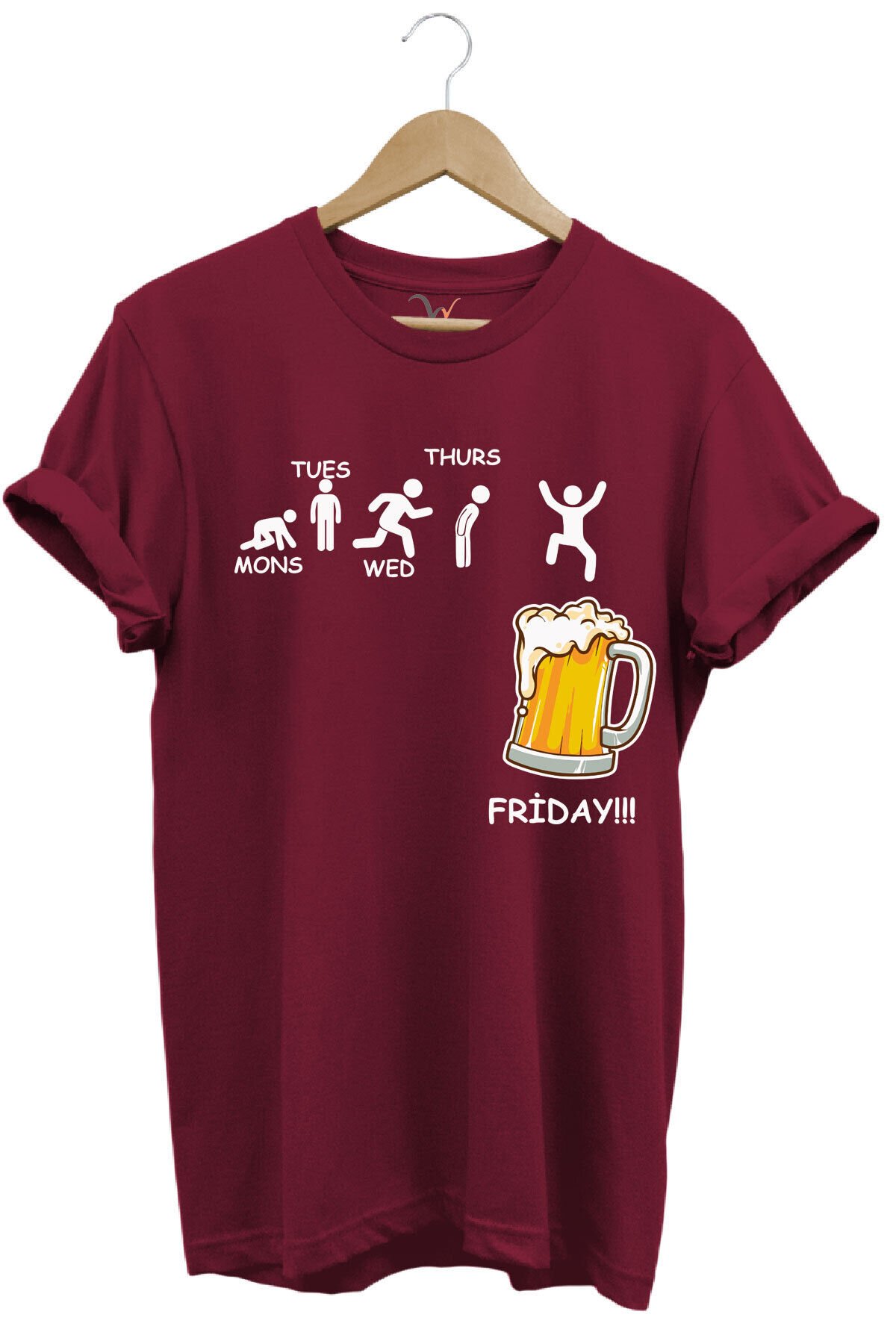 Haftanın Günleri Bira Baskılı Friday Beer %100 Pamuk Regular Fit Bisiklet Yaka T-shirt Bordo - 3XL