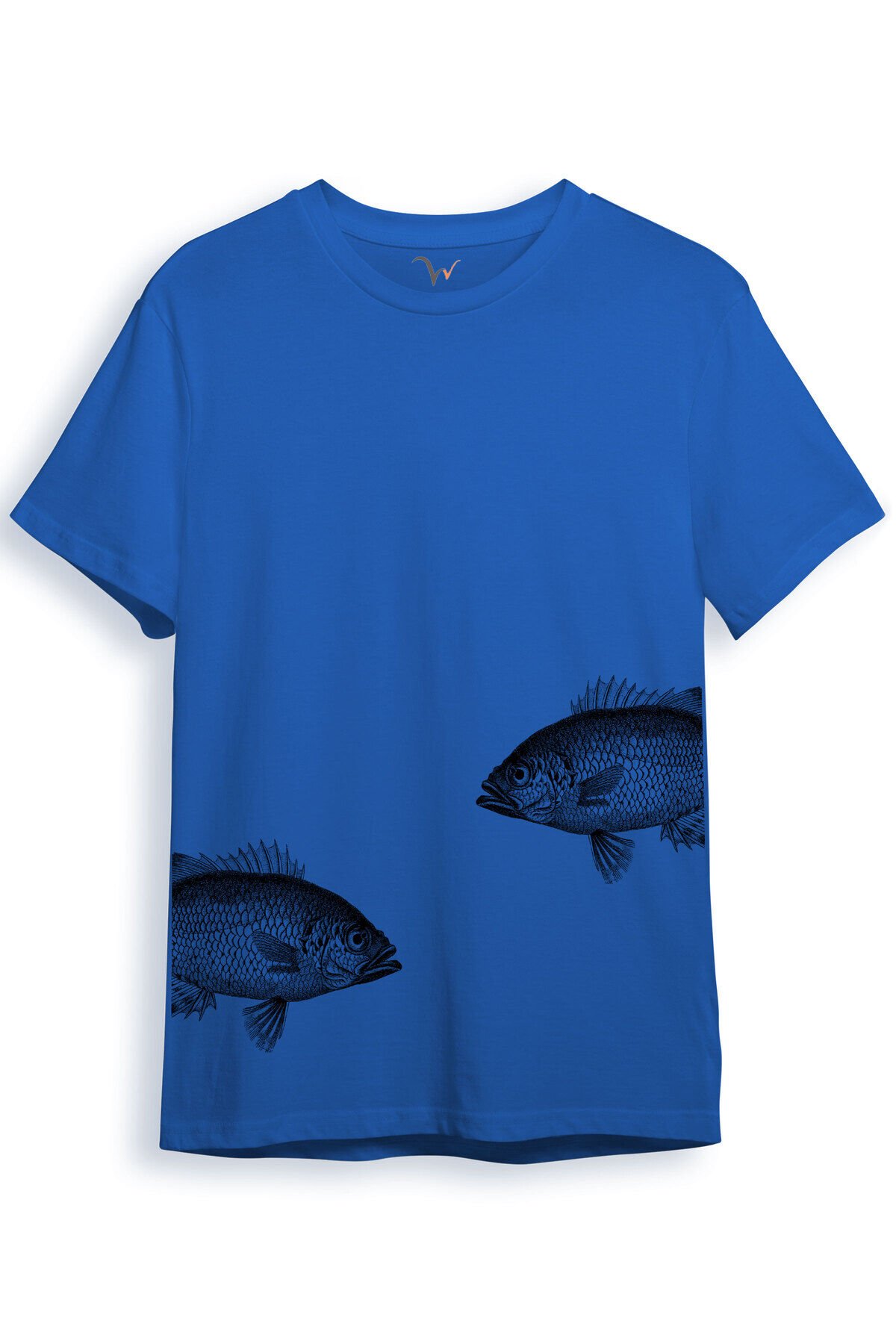 Sanatsal Balık Desenli Sade ve Modern Tasarım Dijital Baskılı %100 Pamuk Regular Fit Unisex T-Shirt Mavi - L