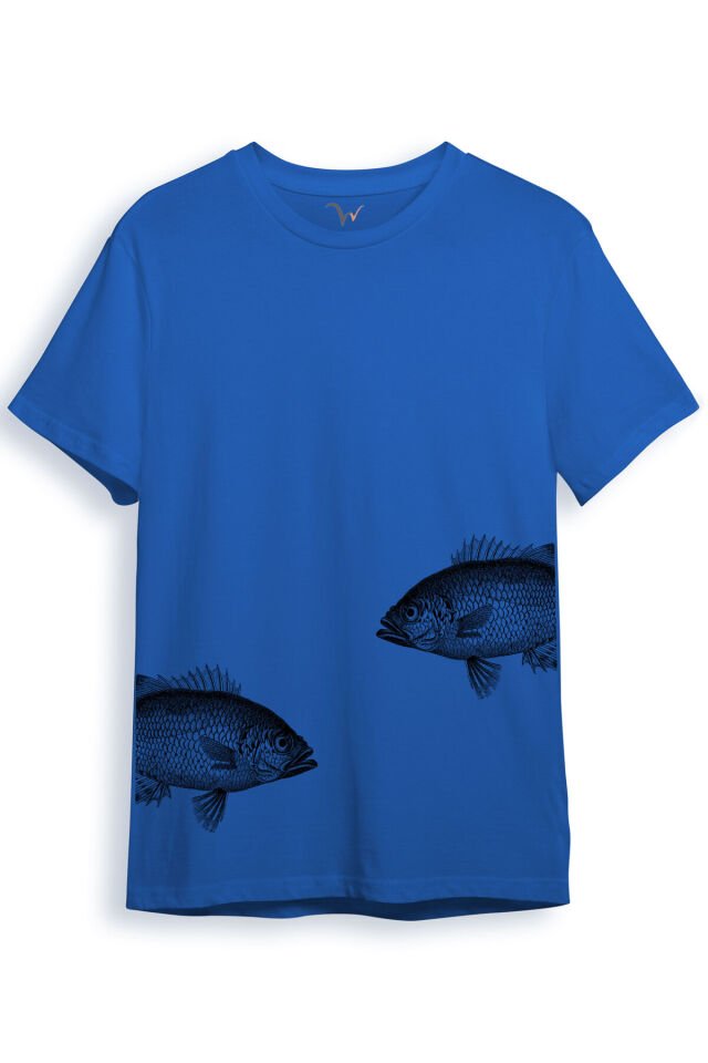Sanatsal Balık Desenli Sade ve Modern Tasarım Dijital Baskılı %100 Pamuk Regular Fit Unisex T-Shirt Mavi - L