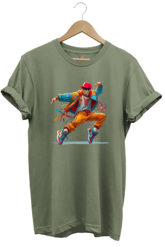 Dancing Boy Dans Eden Çocuk Tasarım Baskılı %100 Pamuk Regular Fit Yeşil T-shirt Haki - 2XL