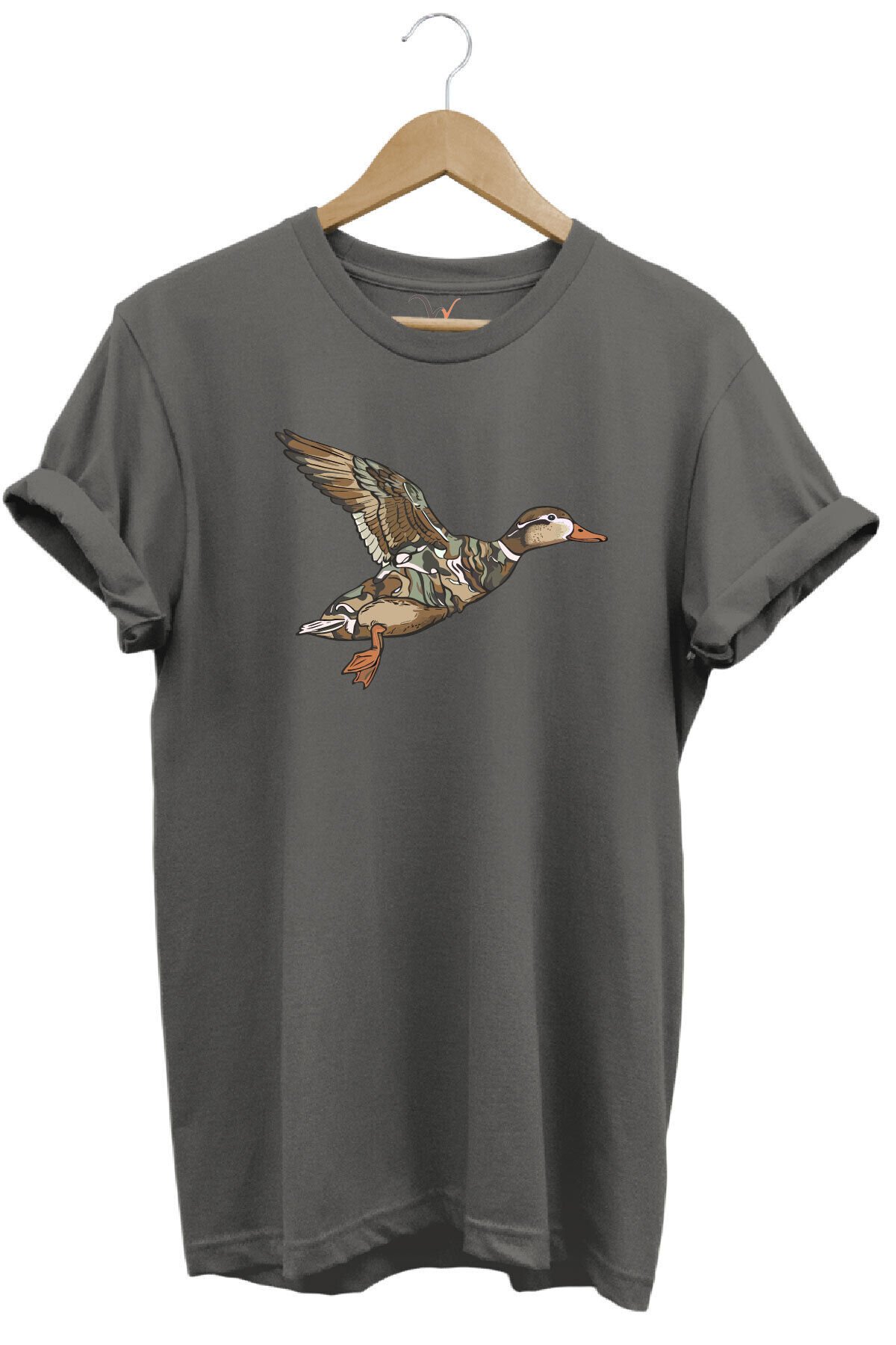 Avcılık Ördek Avı Baskılı Kamuflaj Desenli Ördek Tasarımlı %100 Pamuk Regular Fit Beyaz T-shirt Gri - S