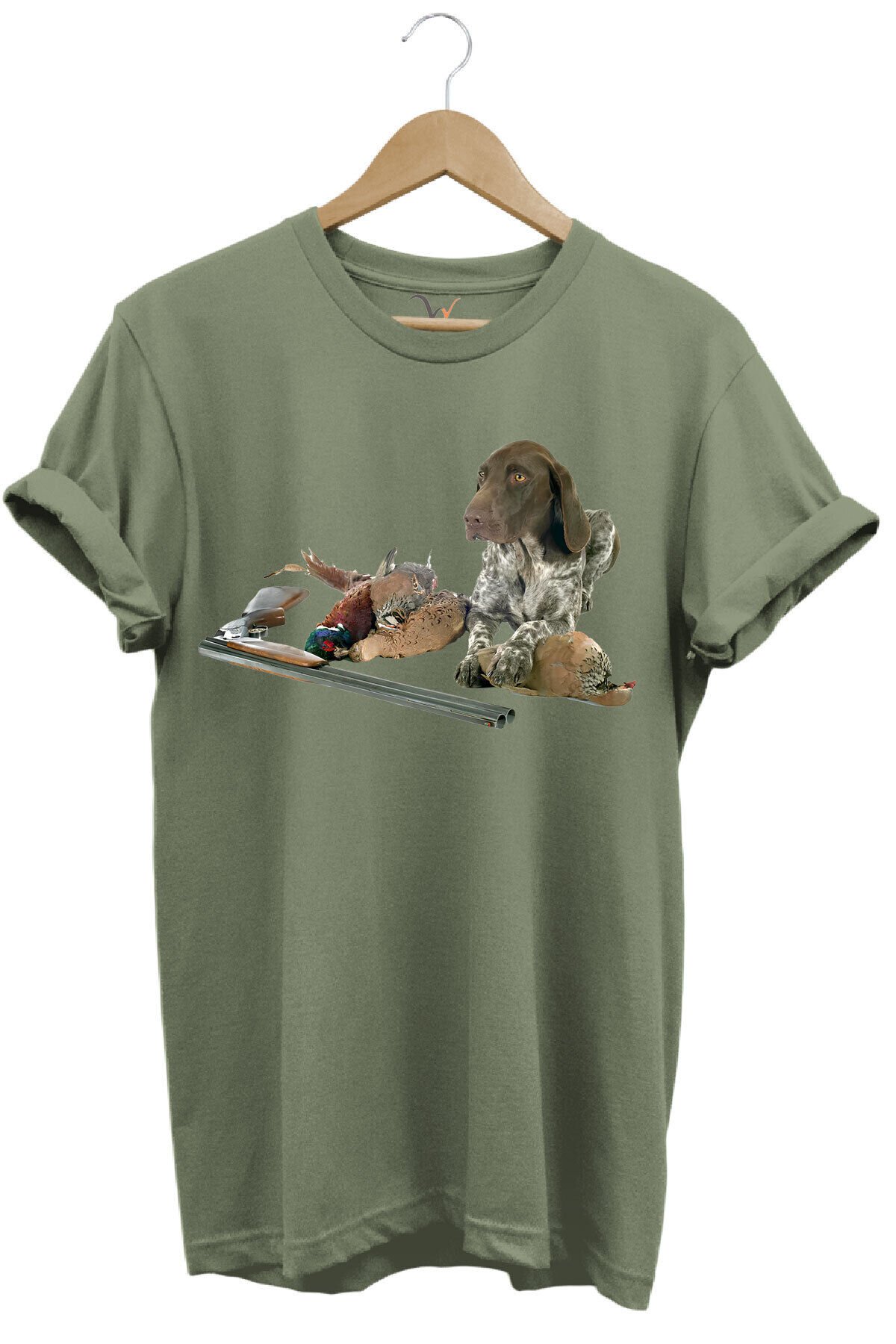 Avcılık Hunter Kurzhaar Av Köpeği Ve Keklik Avcılığı Baskılı Regular Fit %100 Pamuk Gri T-shirt Haki - 2XL