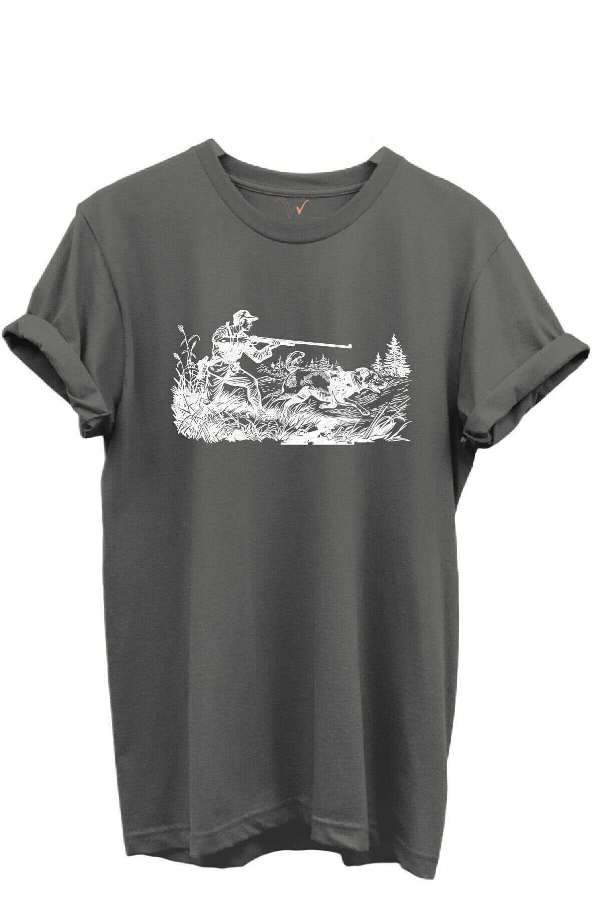 Outdoor Avcılık Avcı ve Av Köpekleri Desenli %100 Pamuk Regular Fit Bisiklet Yaka Unisex T-shirt Antrasit Gri - L