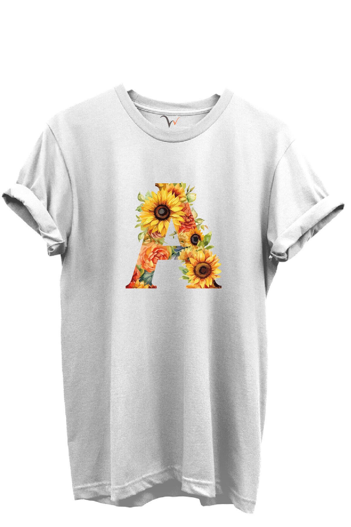 Ayçiçek Desenli “A” Harfi Baskılı %100 Pamuk Regular Fit Unisex T-Shirt Beyaz - XL