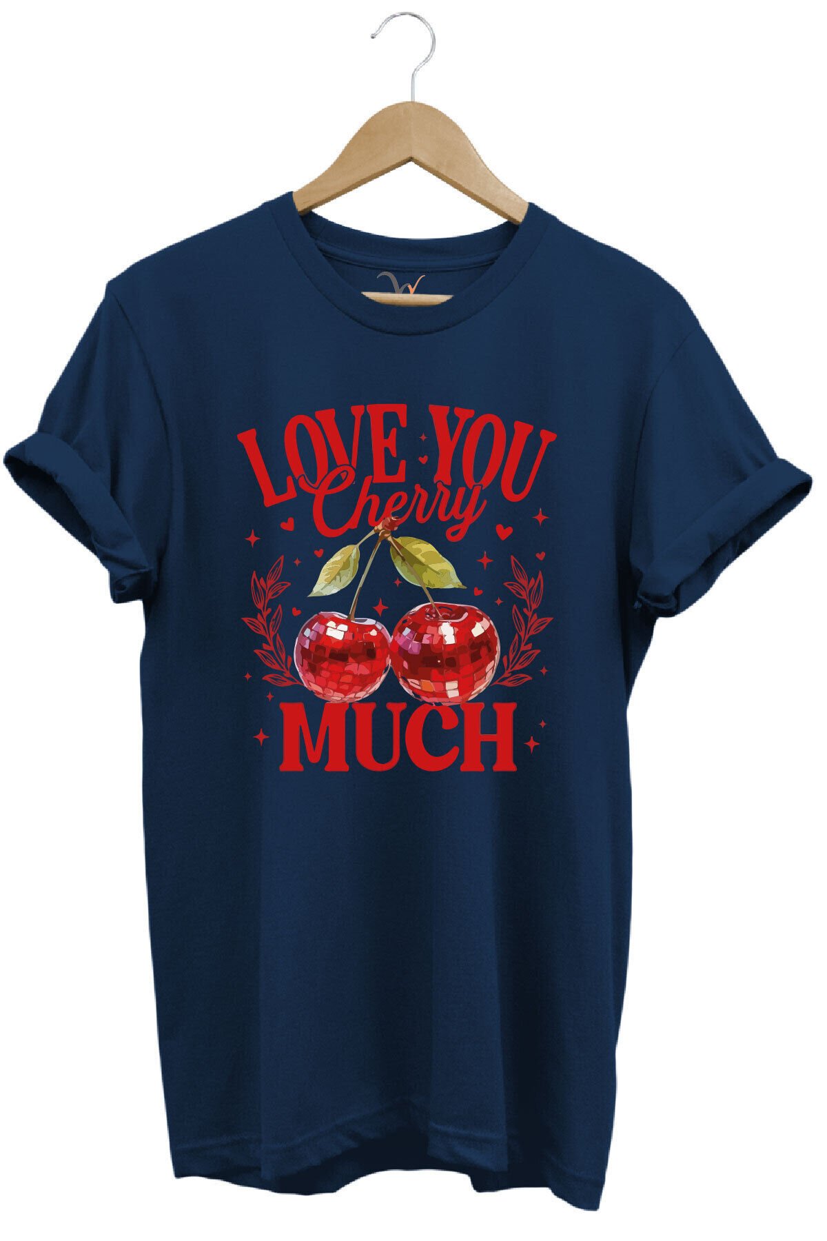 Love You Cherry Much Yazılı Kiraz Baskılı %100 Pamuk Unisex Regular Fit T-Shirt Lacivert - XL