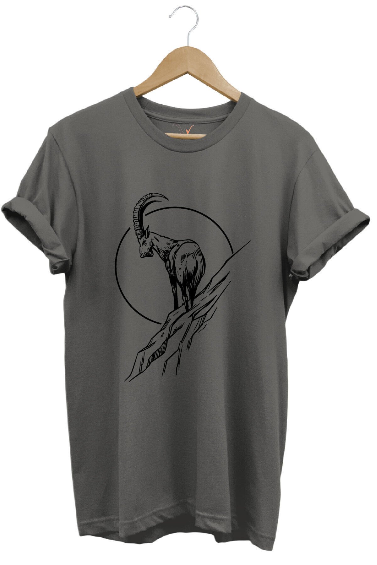 Avcılık Dağ Keçisi Baskılı %100 Pamuk Regular Fit Bisiklet Yaka Mavi T-shirt Gri - M