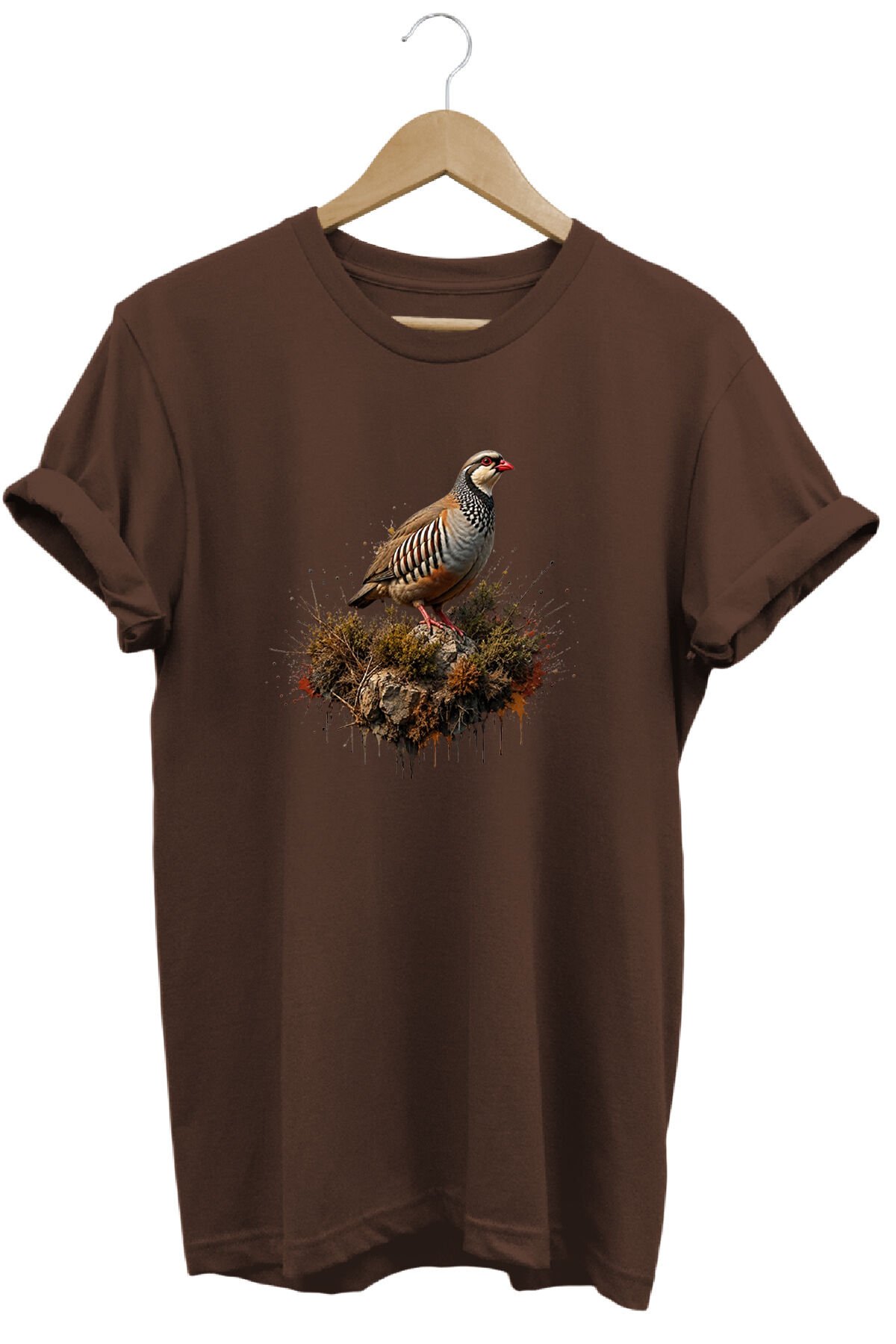 Keklik Kuşu Baskılı Arazi ve Doğa Tişörtü Outdoor Giyim Koyu Kahverengi - L