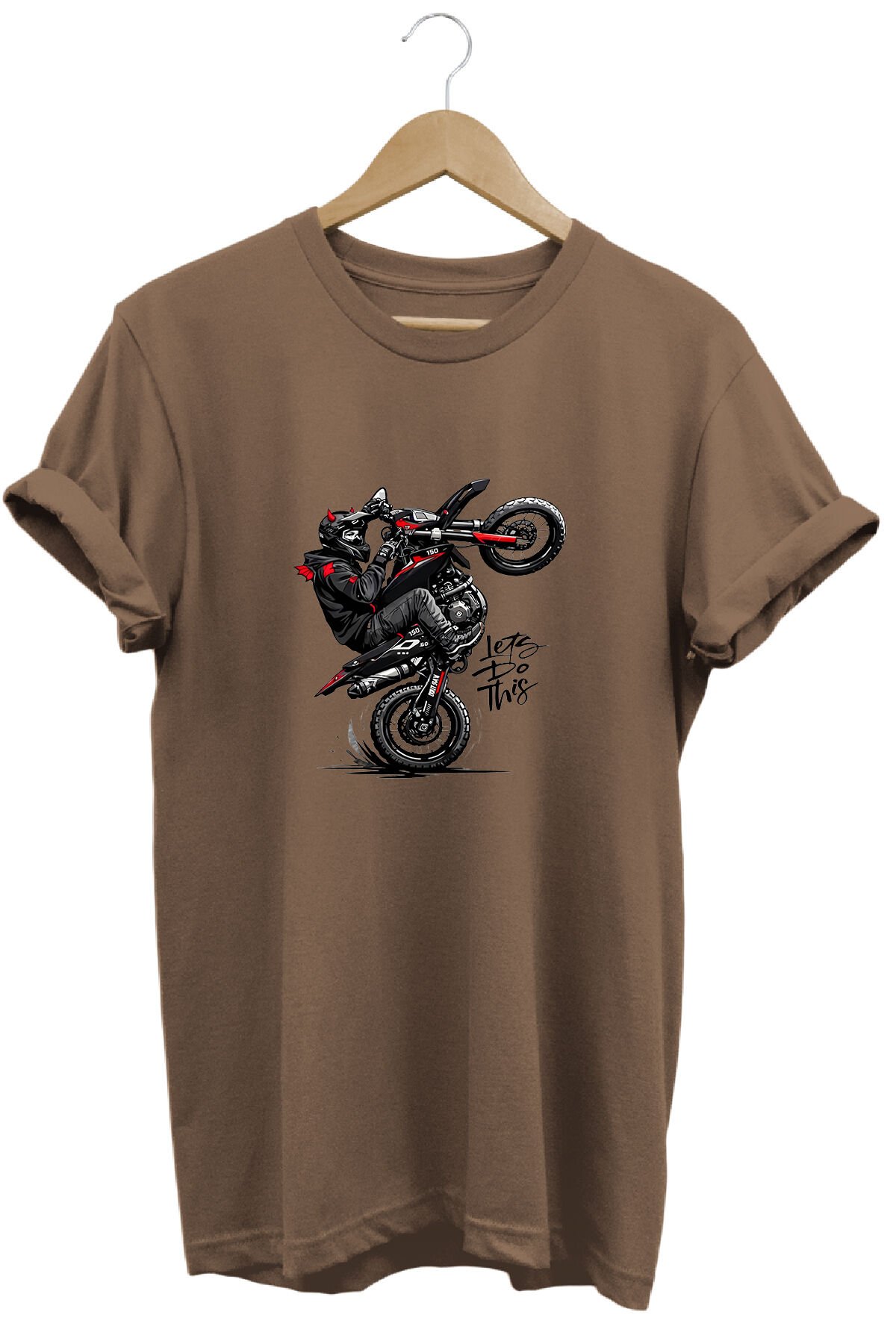 Unisex Motosiklet Tek Teker Baskılı Oversize Bisiklet Yaka Tişört T-shirt Kumul Kahve - L