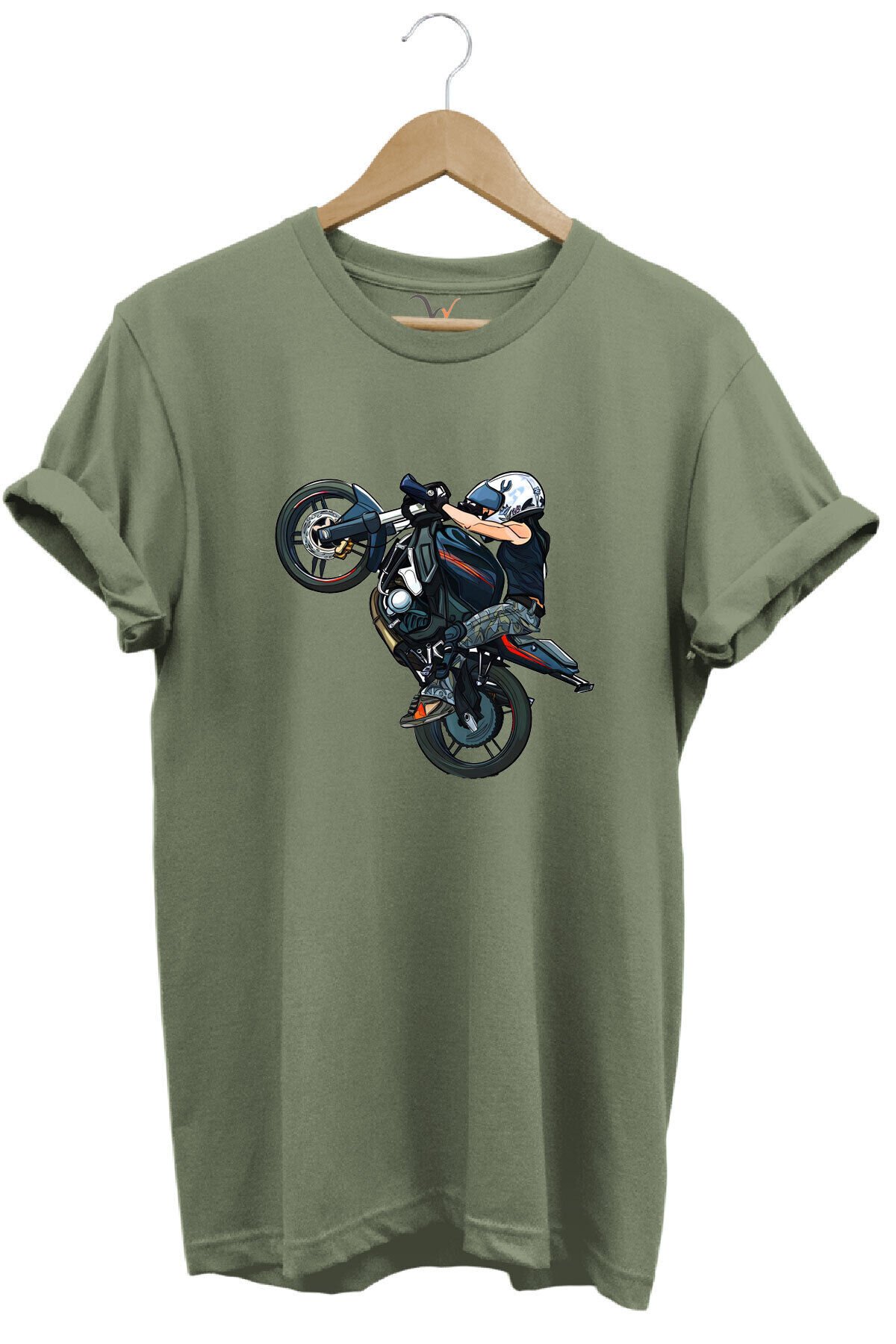 Motosiklet Racing Ön Kaldıran Motorcu Baskılı %100 Pamuk Regular Fit Bisiklet Yaka Haki T-shirt Haki - M