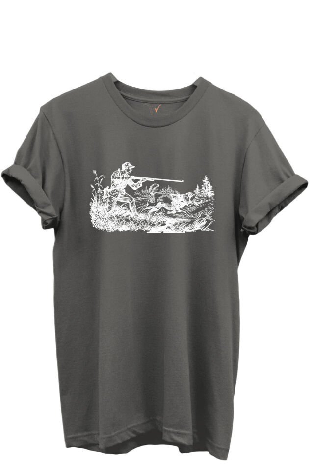 Outdoor Avcılık Avcı ve Av Köpekleri Desenli %100 Pamuk Regular Fit Bisiklet Yaka Unisex T-shirt Antrasit Gri - XL