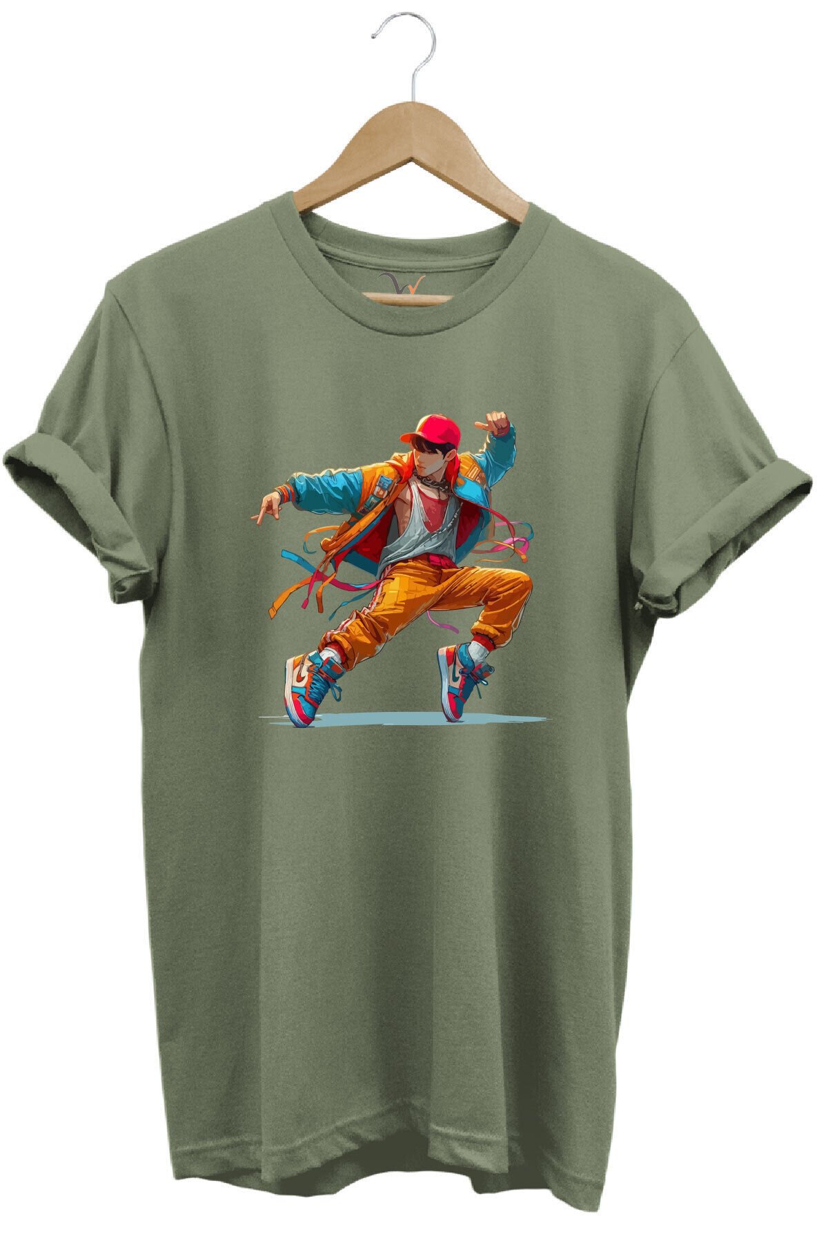 Dancing Boy Dans Eden Çocuk Tasarım Baskılı %100 Pamuk Regular Fit Yeşil T-shirt Haki - XL