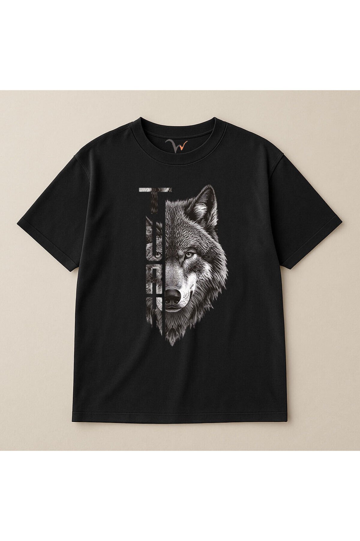 Yarı Kurt Yarısı TÜRK Yazı Tasarım Baskılı %100 Pamuk Oversize T-shirt Siyah - 2XL