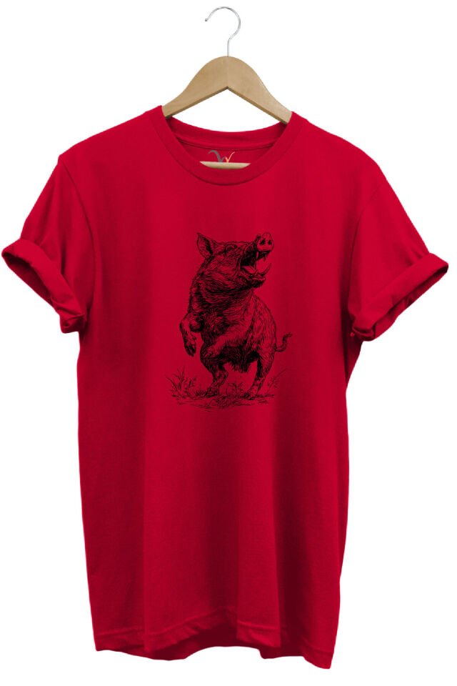 Avcılık Hunter Domuz Avcılığı Baskılı %100 Pamuk Regular Fit Unisex T-Shirt Kırmızı - M