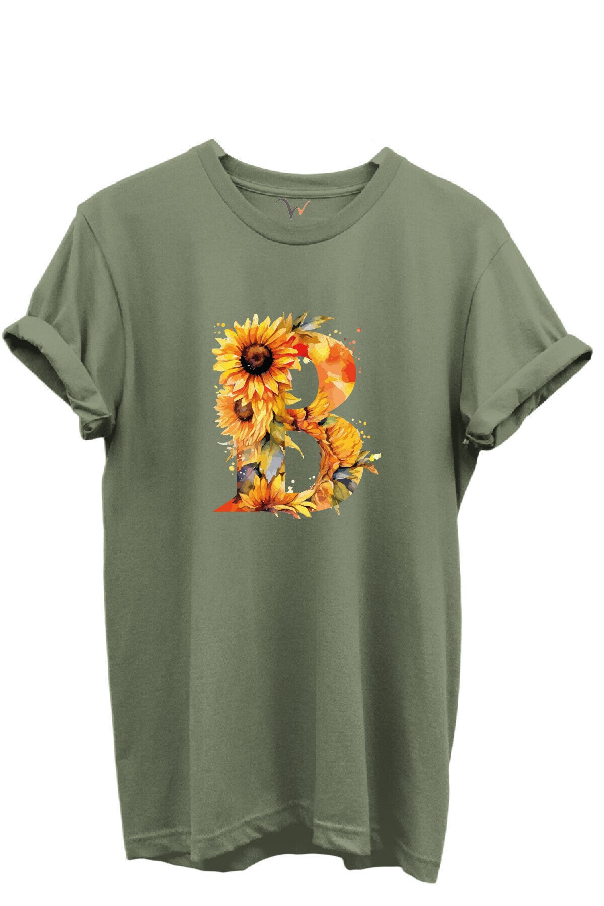 Ayçiçek Desenli “B'' Harfi Baskılı %100 Pamuk Regular Fit Unisex T-Shirt Haki - M