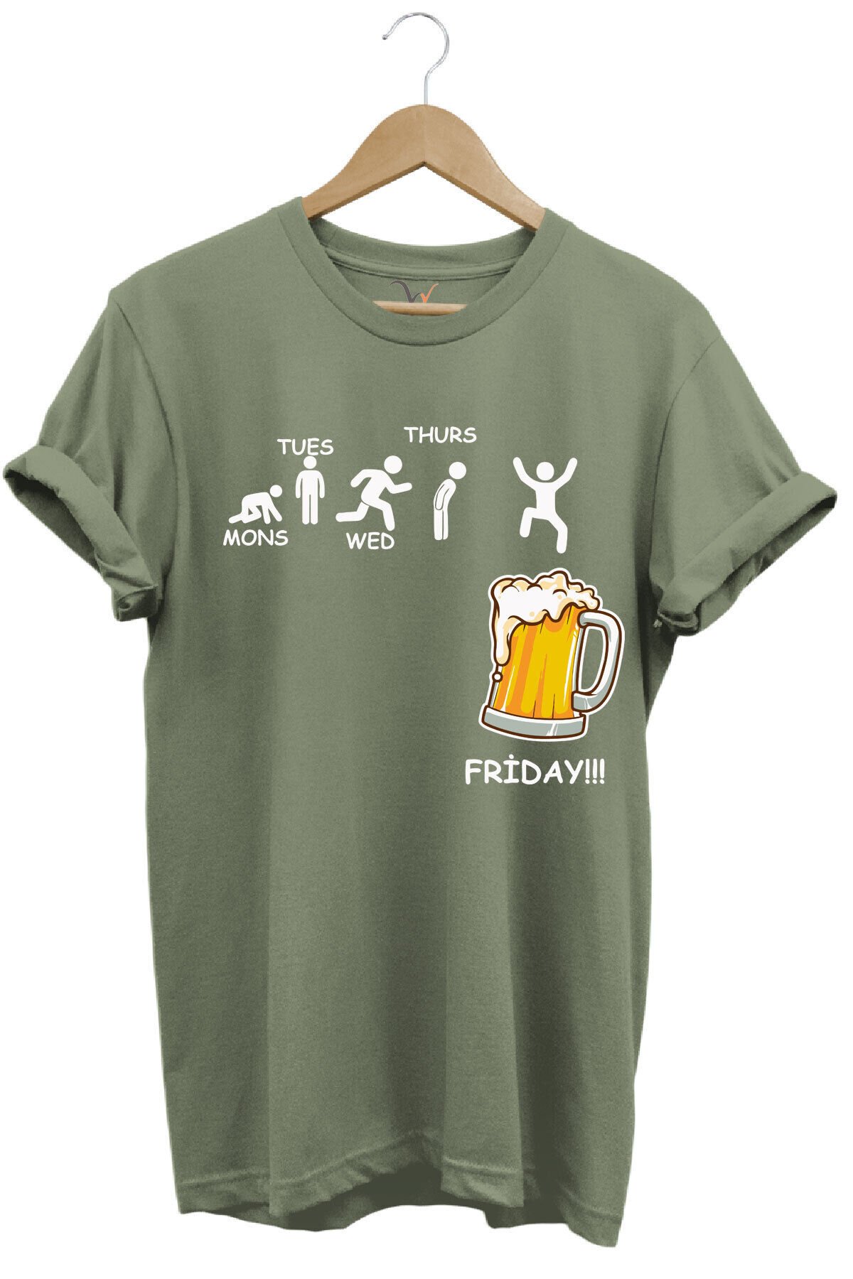 Haftanın Günleri Bira Baskılı Friday Beer %100 Pamuk Regular Fit Bisiklet Yaka T-shirt Haki - L