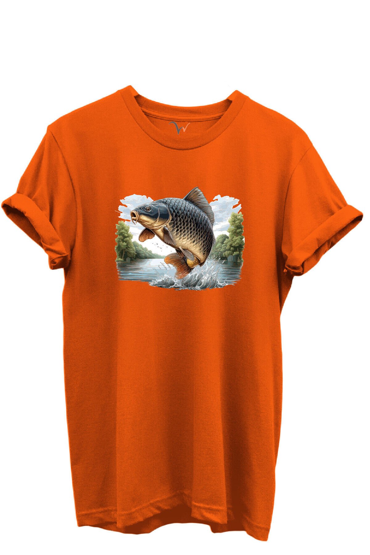 Sıçrayan Sazan Balığı Desenli %100 Pamuk Regular Fit Unisex T-Shirt Turuncu - 2XL