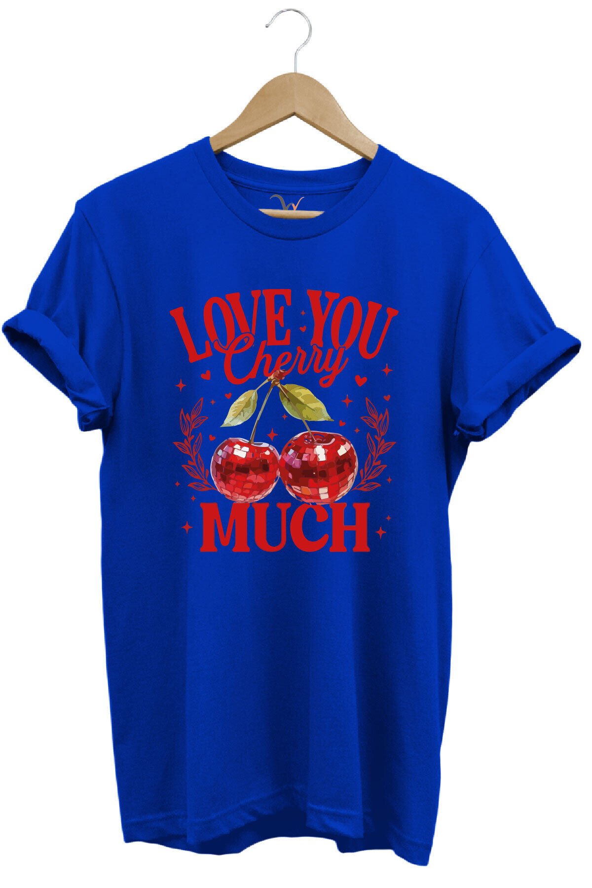 Love You Cherry Much Yazılı Kiraz Baskılı %100 Pamuk Unisex Regular Fit T-Shirt Mavi - L
