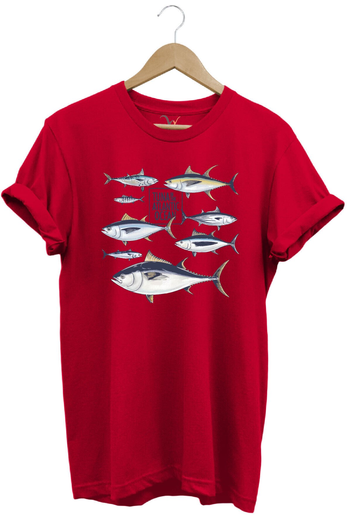 Fishing Balıkçılık Uzunkanat Orkinos Tuna Balığı Baskılı %100 Pamuk Regular Fit Mavi T-shirt Kırmızı - L