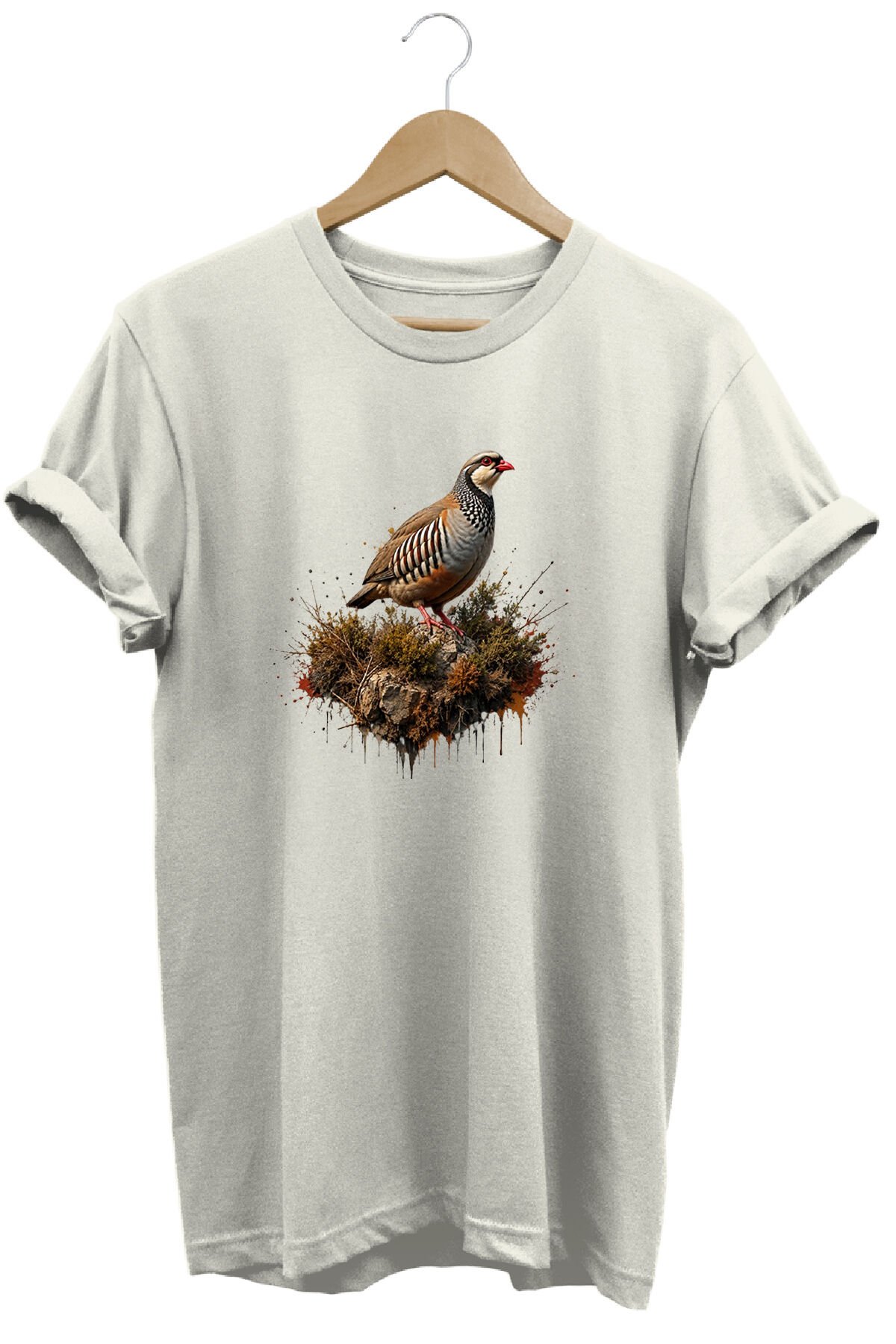 Keklik Kuşu Baskılı Arazi ve Doğa Tişörtü Outdoor Giyim Ekru - 2XL