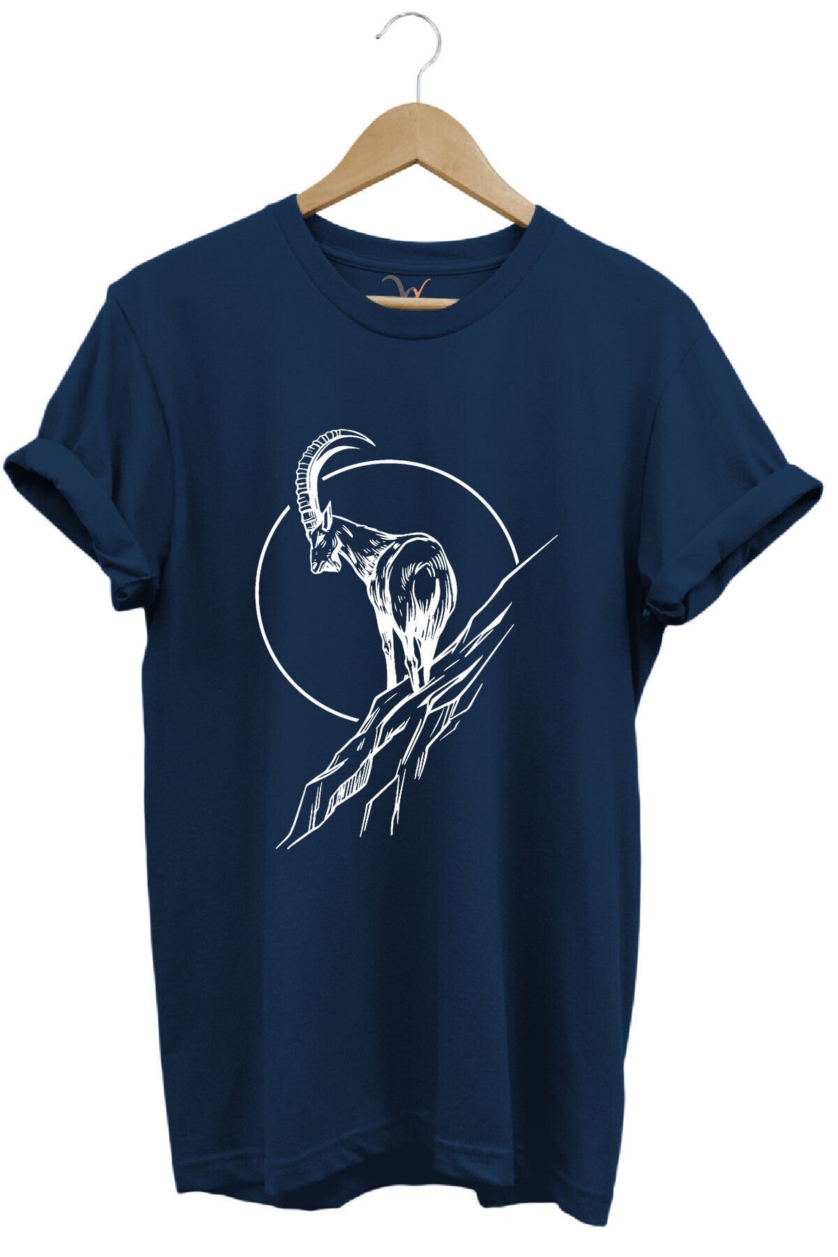 Avcılık Dağ Keçisi Baskılı %100 Pamuk Regular Fit Bisiklet Yaka Mavi T-shirt Lacivert - M