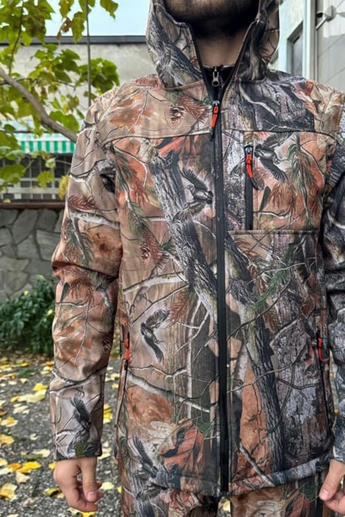 Kışlık Outdoor Hunter Avcılık Su ve Rüzgar Geçirmez Erkek Orman Desenli Kamuflaj Softshell Mont M
