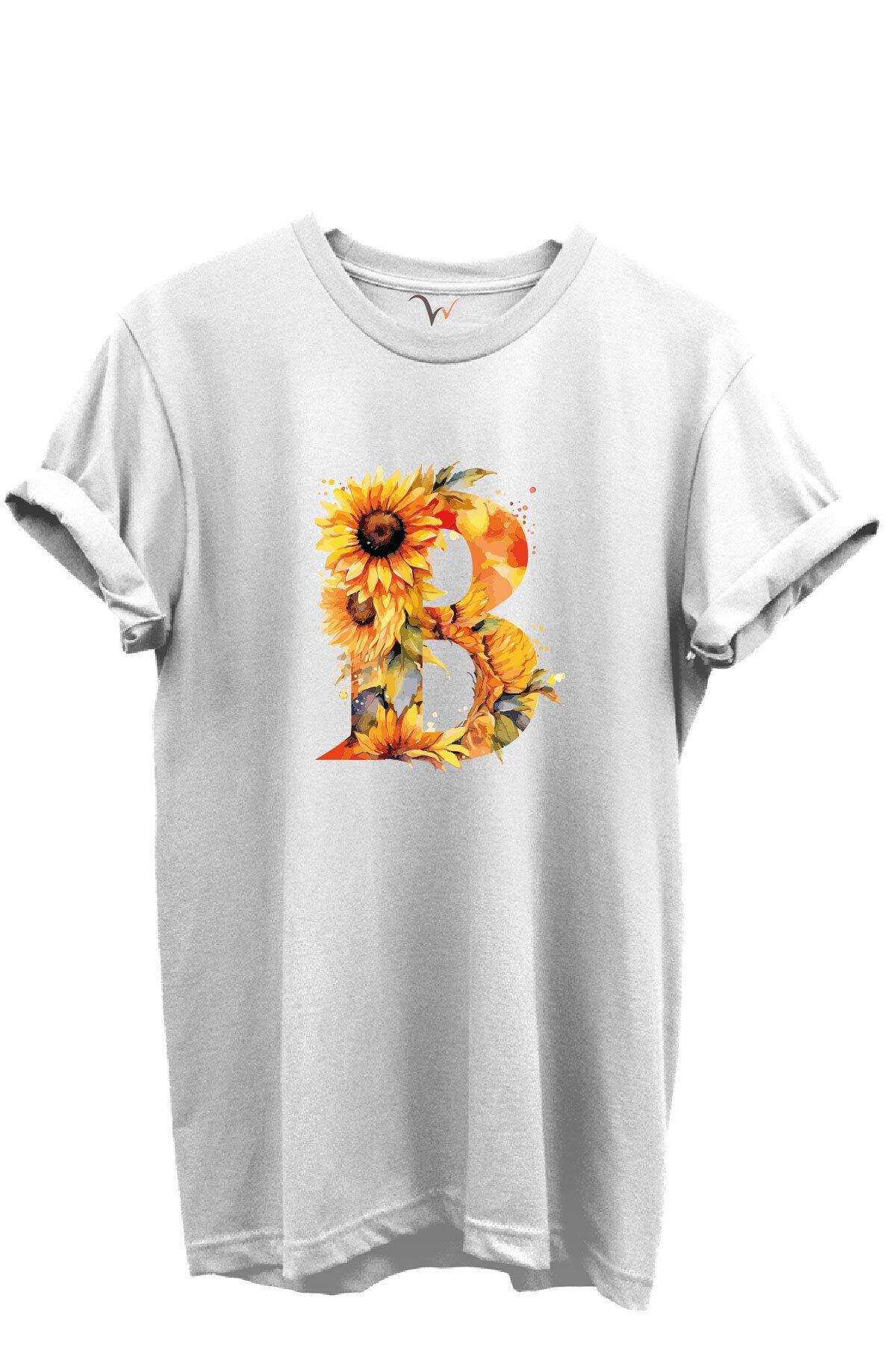 Ayçiçek Desenli “B'' Harfi Baskılı %100 Pamuk Regular Fit Unisex T-Shirt Beyaz - L