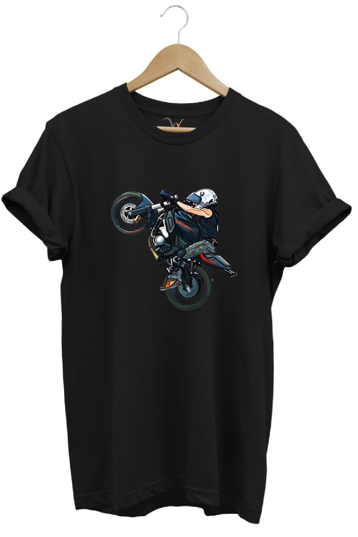 Motosiklet Racing Ön Kaldıran Motorcu Baskılı %100 Pamuk Regular Fit Bisiklet Yaka Haki T-shirt Siyah - XL