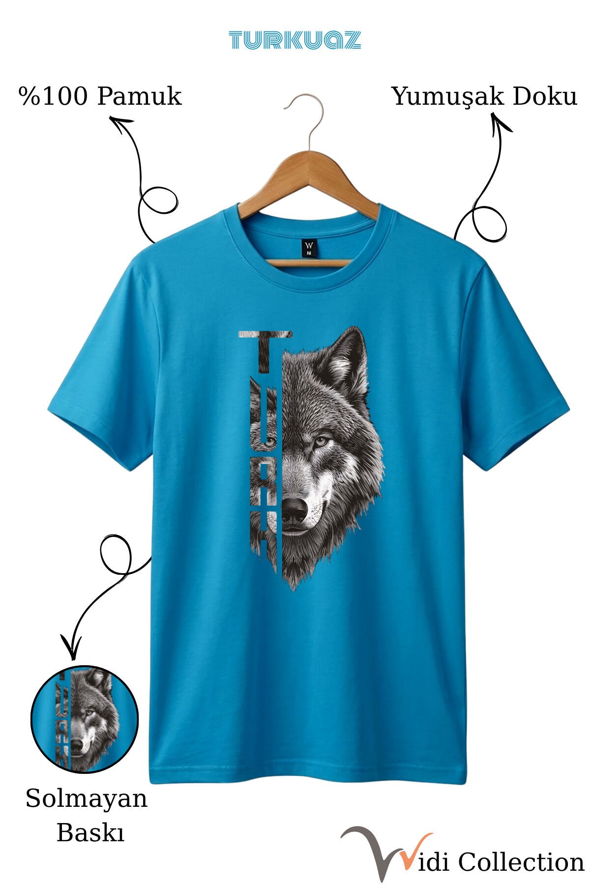 Yarı Kurt Yarısı TÜRK Yazı Tasarım Baskılı %100 Pamuk T-shirt Turkuaz - S