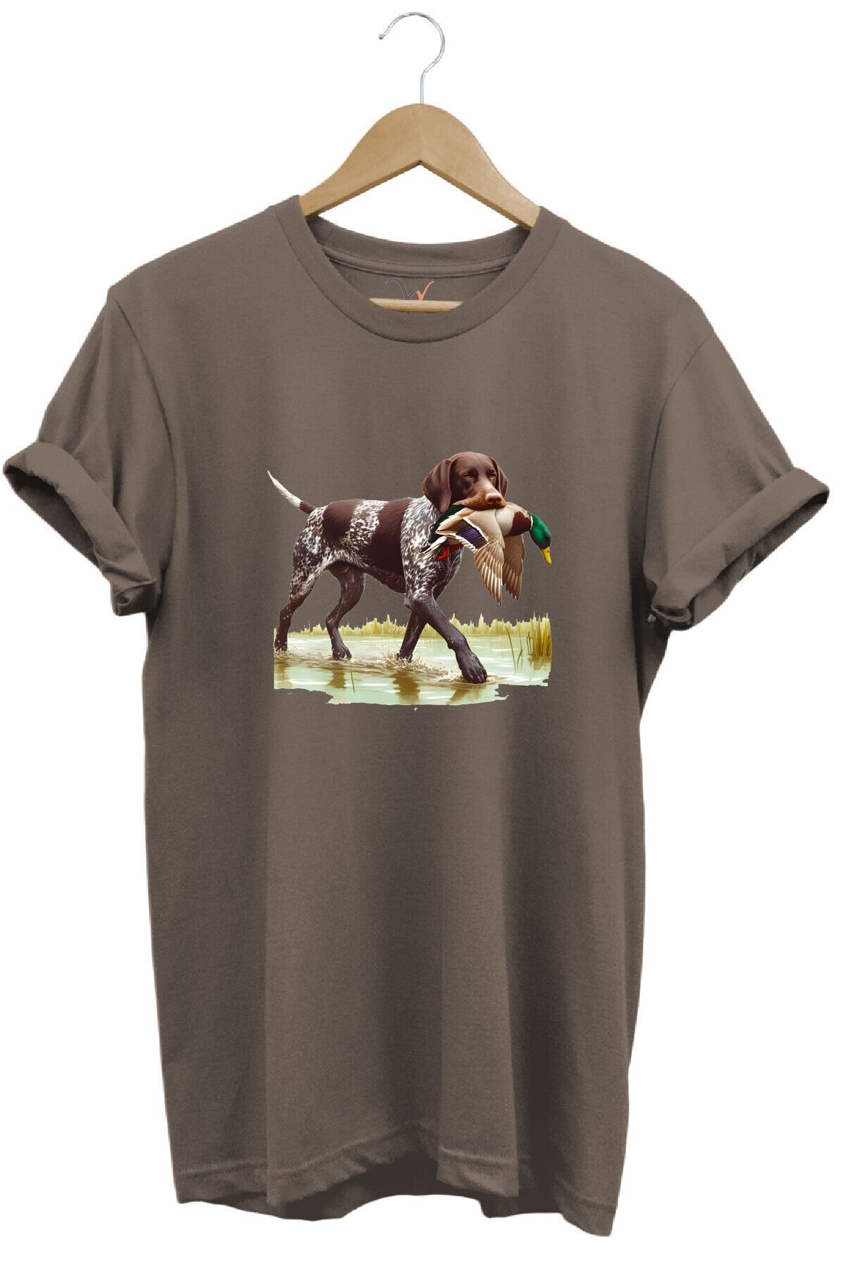 Hunting Avcılık Ördek Avı Baskılı Sazlıkta Avlanan Köpek %100 Pamuk Regular Fit T-shirt Kahverengi - 3XL