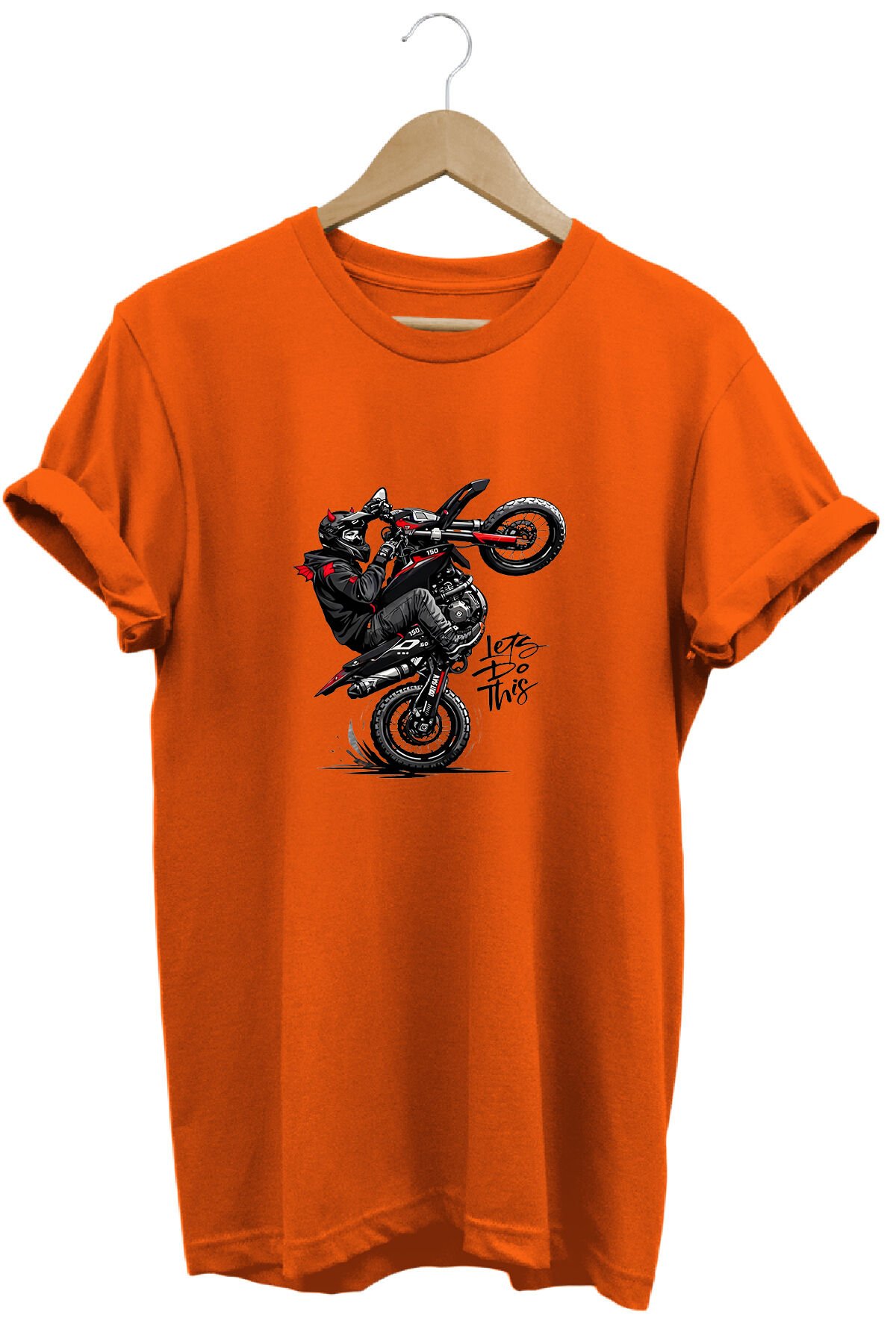 Unisex Motosiklet Tek Teker Baskılı Oversize Bisiklet Yaka Tişört T-shirt Turuncu - M