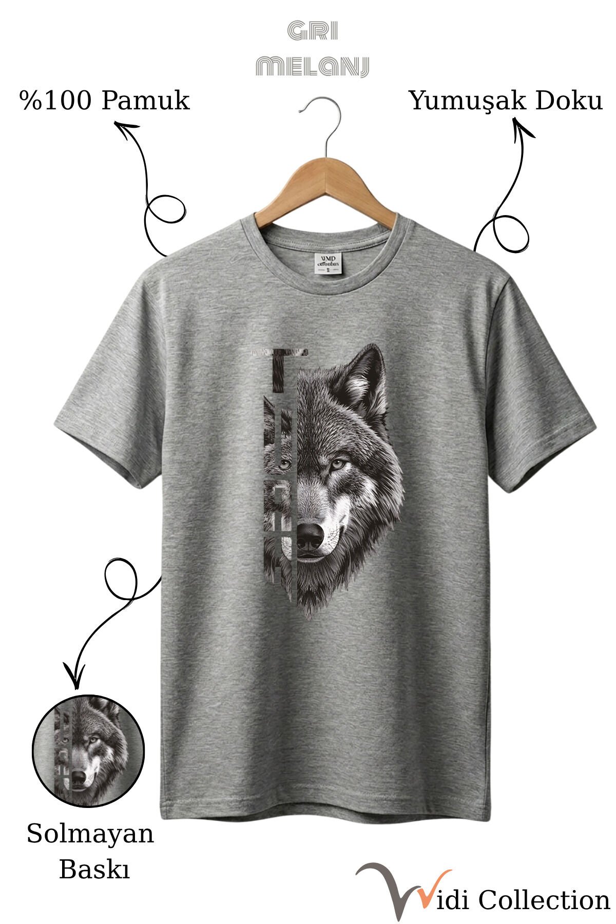 Yarı Kurt Yarısı TÜRK Yazı Tasarım Baskılı %100 Pamuk T-shirt Gri Melanj - L
