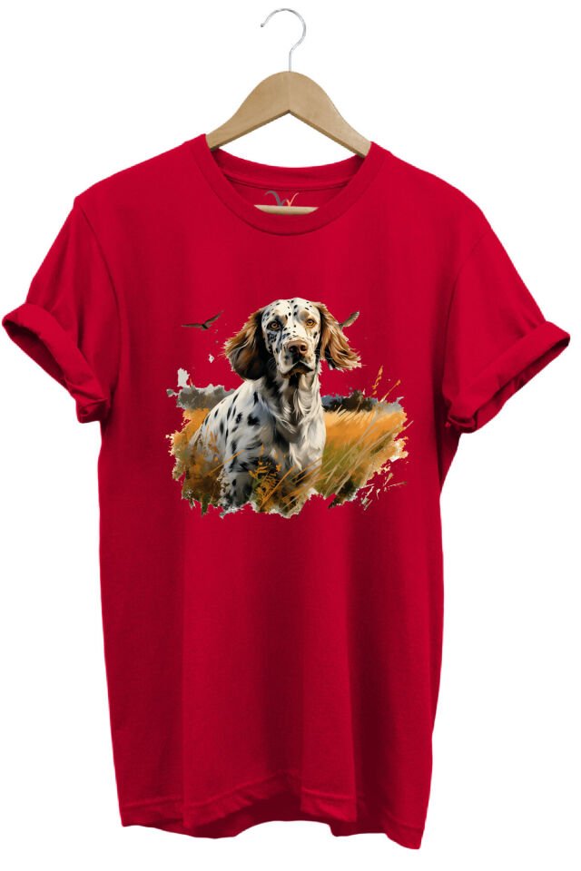 Avcılık Hunting English Setter Vahşi Yaşam Avcı Köpeği %100 Pamuk Unisex Regular Fit T-Shirt Kırmızı - 2XL