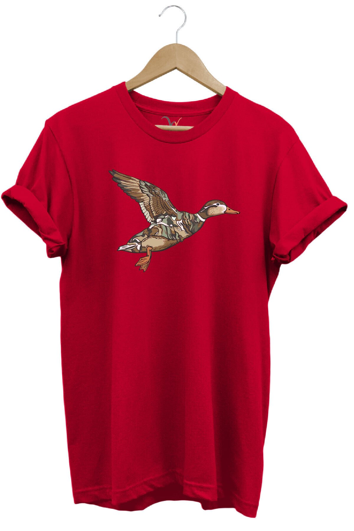 Avcılık Ördek Avı Baskılı Kamuflaj Desenli Ördek Tasarımlı %100 Pamuk Regular Fit Beyaz T-shirt Kırmızı - 3XL