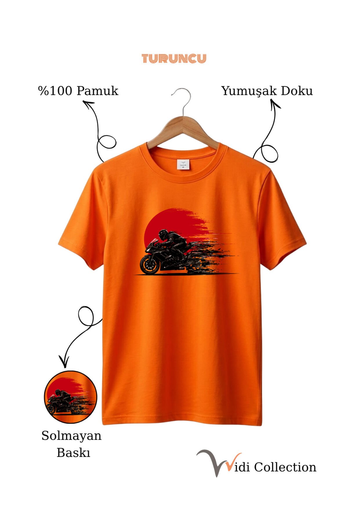 Hız Temalı Racing Motor Baskılı %100 Pamuk Unisex Regular Fit T-Shirt Turuncu - S