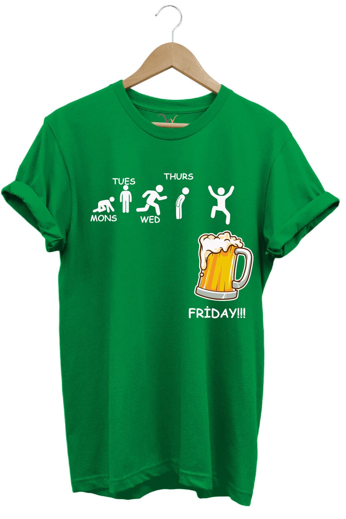 Haftanın Günleri Bira Baskılı Friday Beer %100 Pamuk Regular Fit Bisiklet Yaka T-shirt Yeşil - M