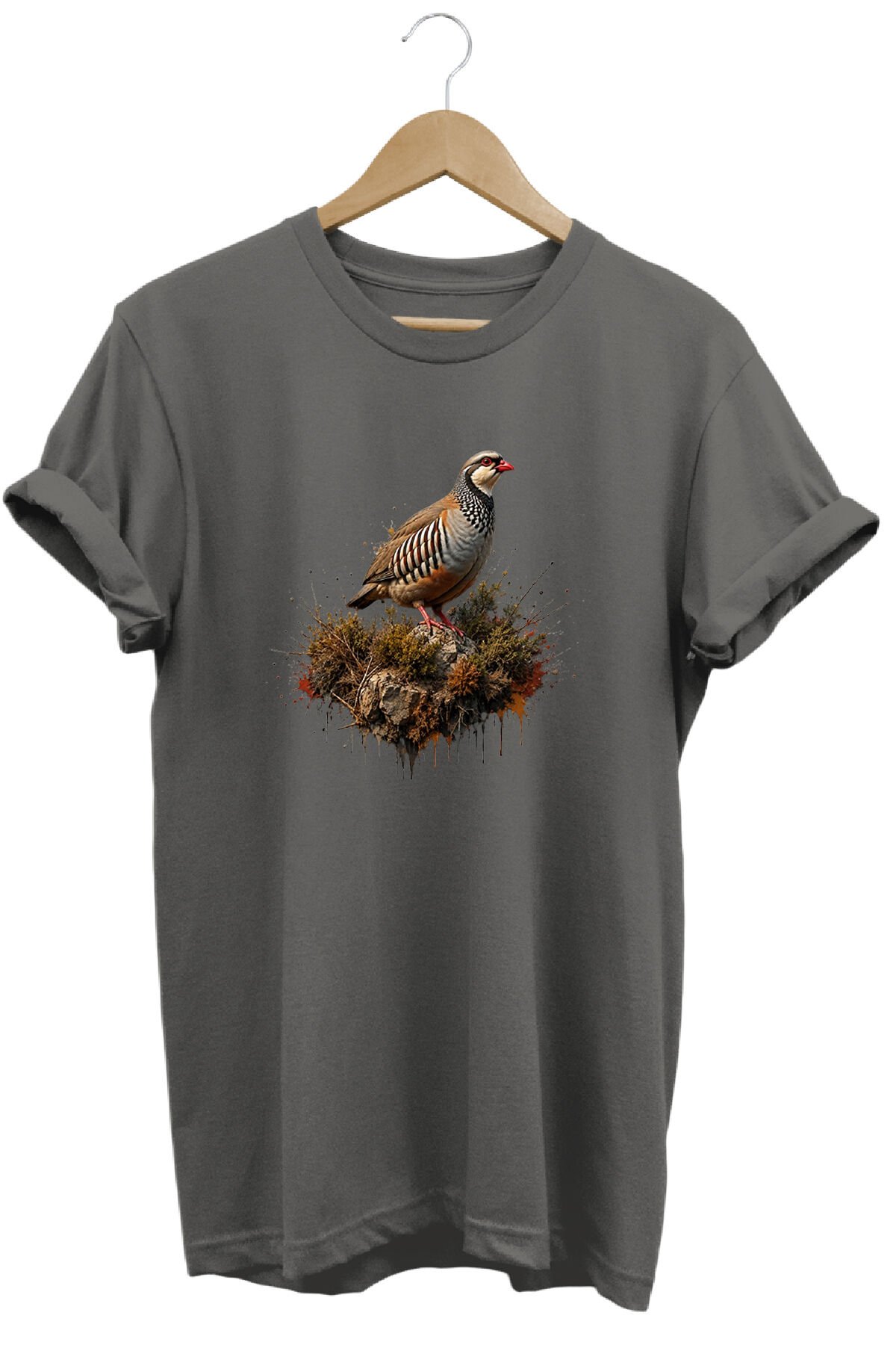Keklik Kuşu Baskılı Arazi ve Doğa Tişörtü Outdoor Giyim Antrasit - M