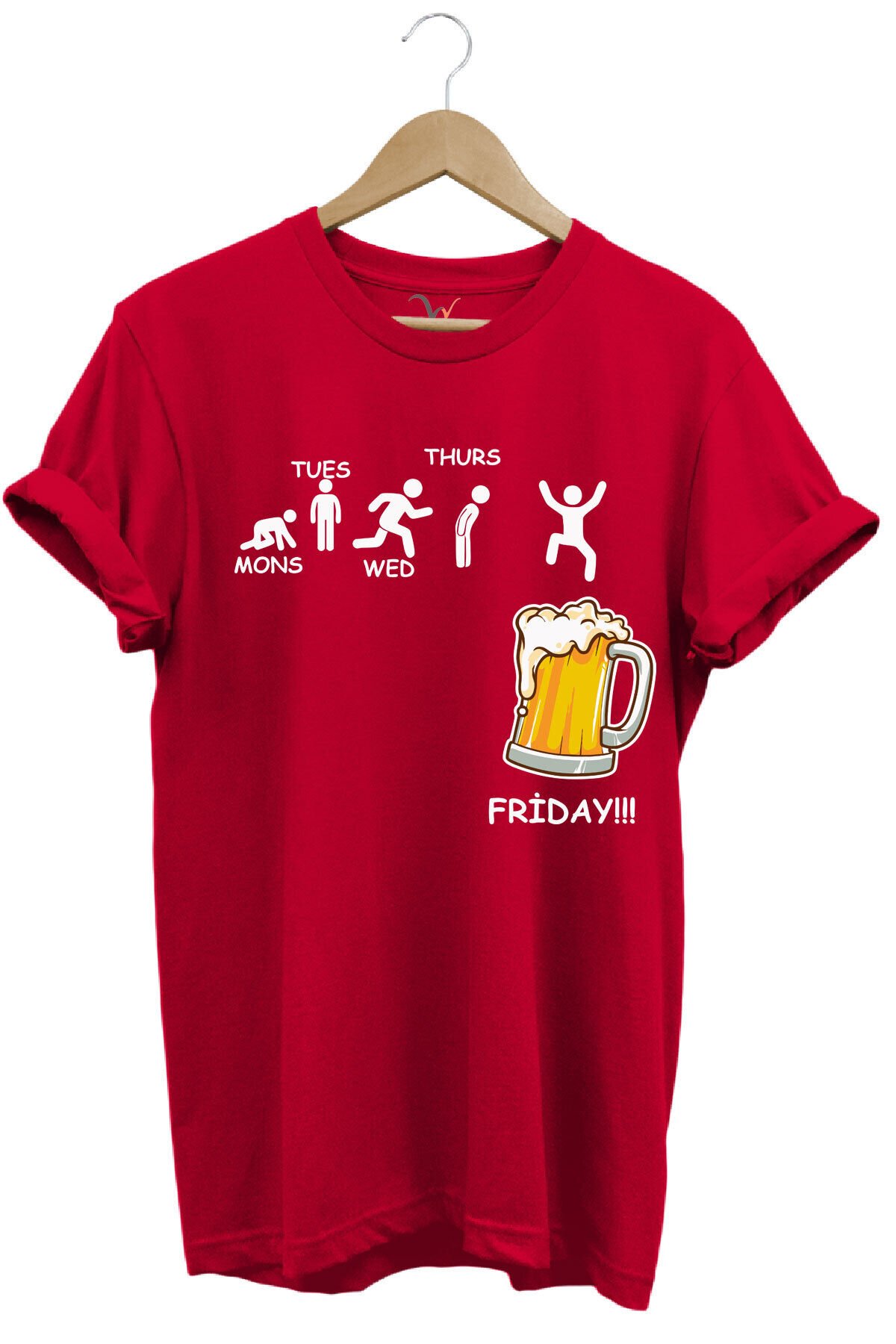 Haftanın Günleri Bira Baskılı Friday Beer %100 Pamuk Regular Fit Bisiklet Yaka T-shirt Kırmızı - 2XL