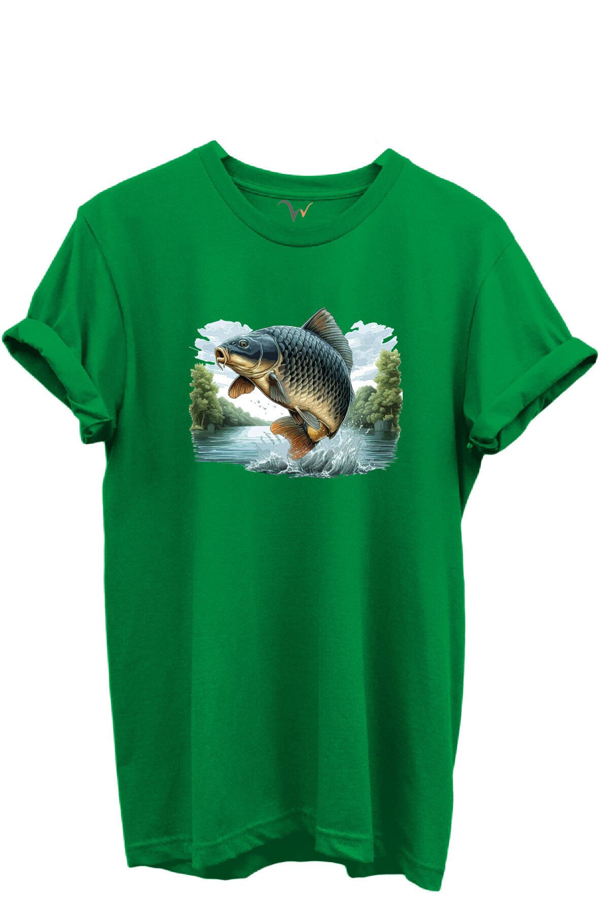 Sıçrayan Sazan Balığı Desenli %100 Pamuk Regular Fit Unisex T-Shirt Yeşil - S