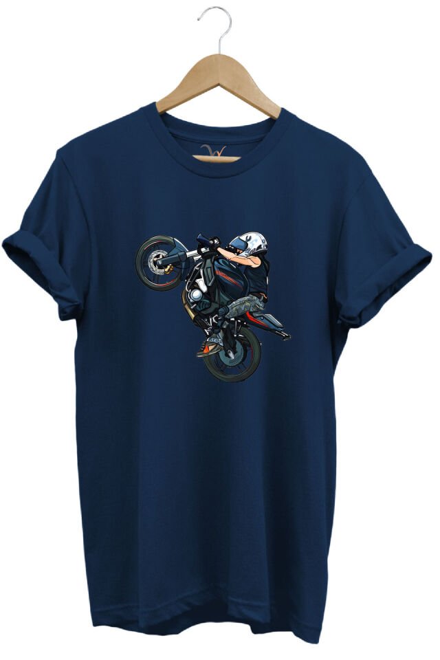 Motosiklet Racing Ön Kaldıran Motorcu Baskılı %100 Pamuk Regular Fit Bisiklet Yaka Haki T-shirt Lacivert - S